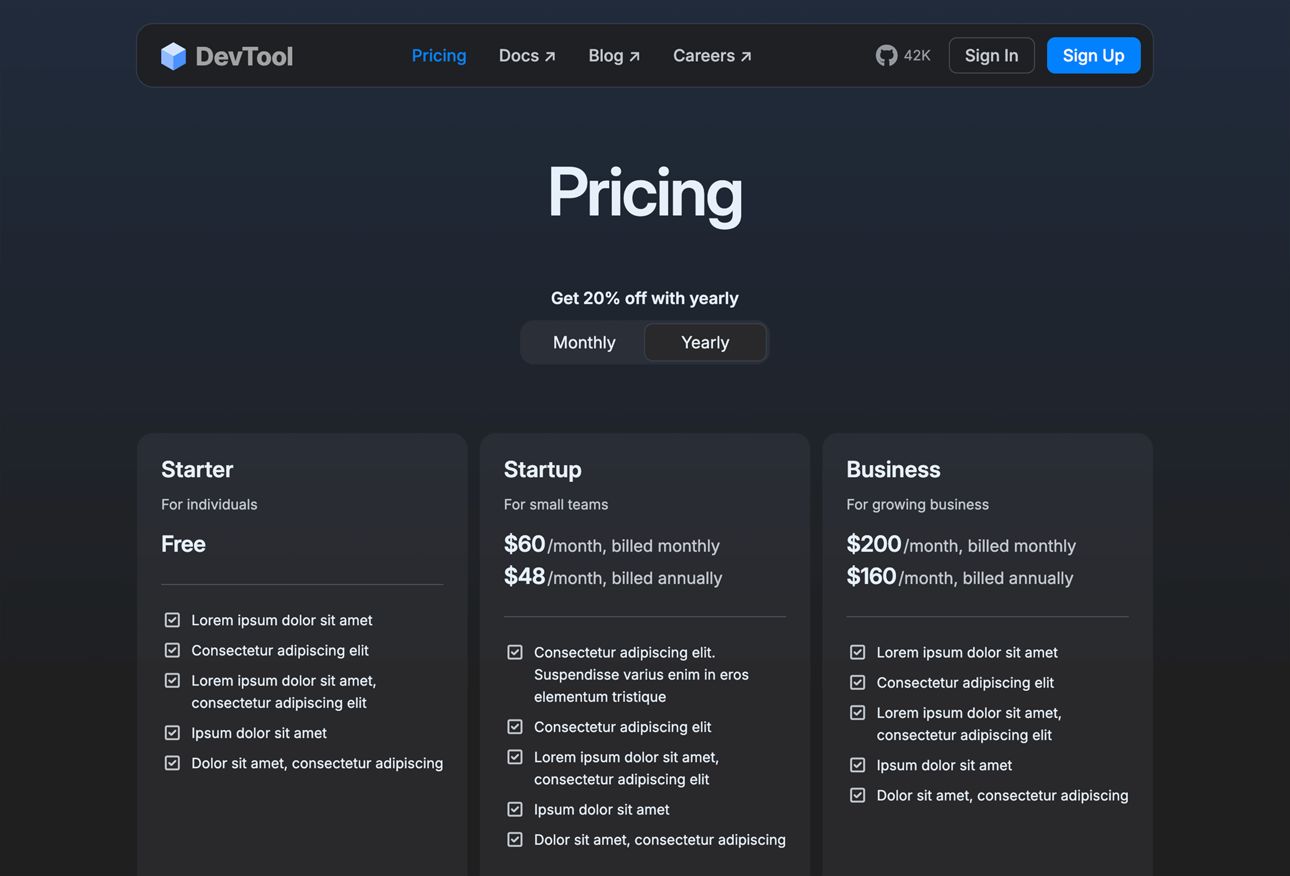 Screenshot of the Pricing page
