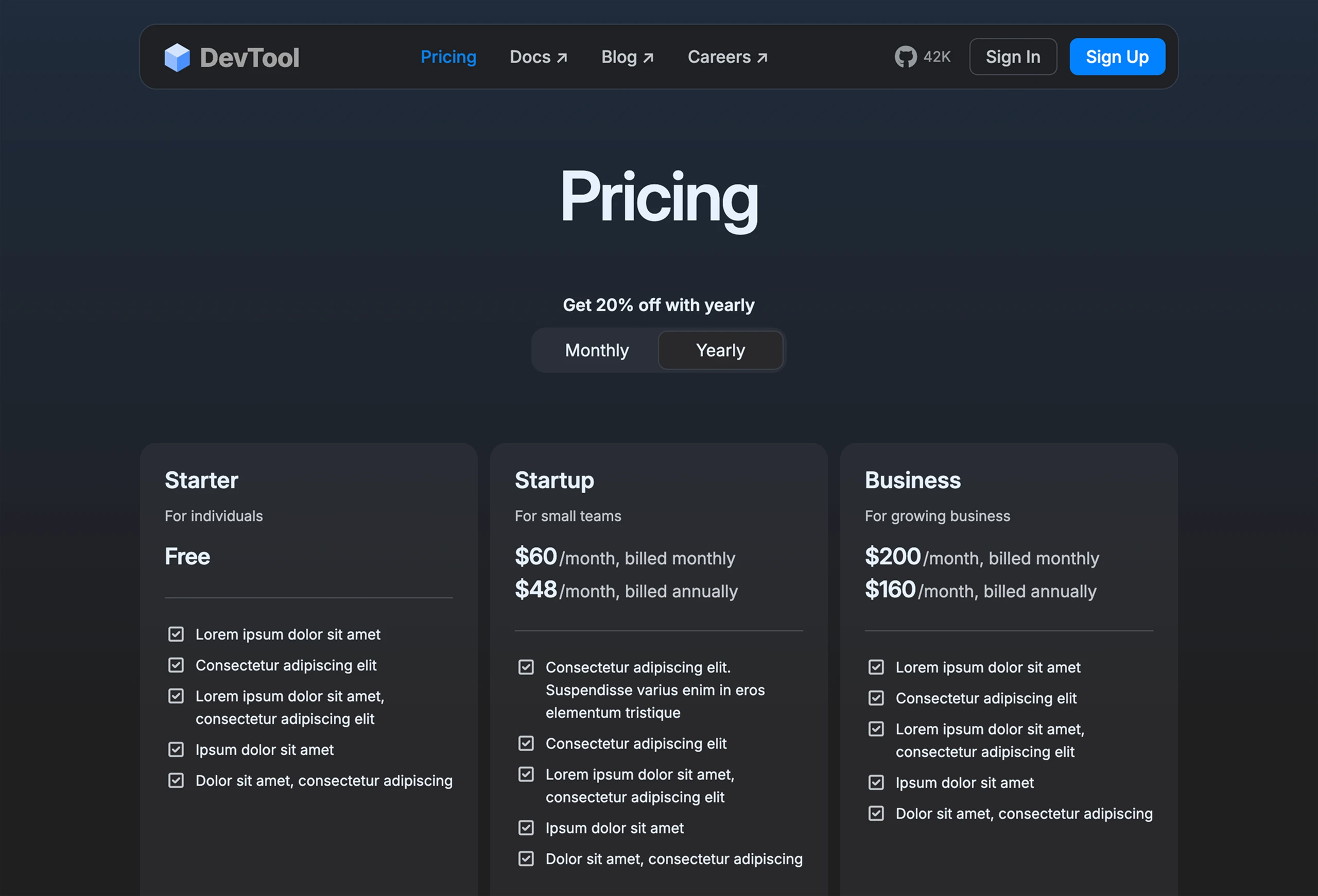 Screenshot of the Pricing page